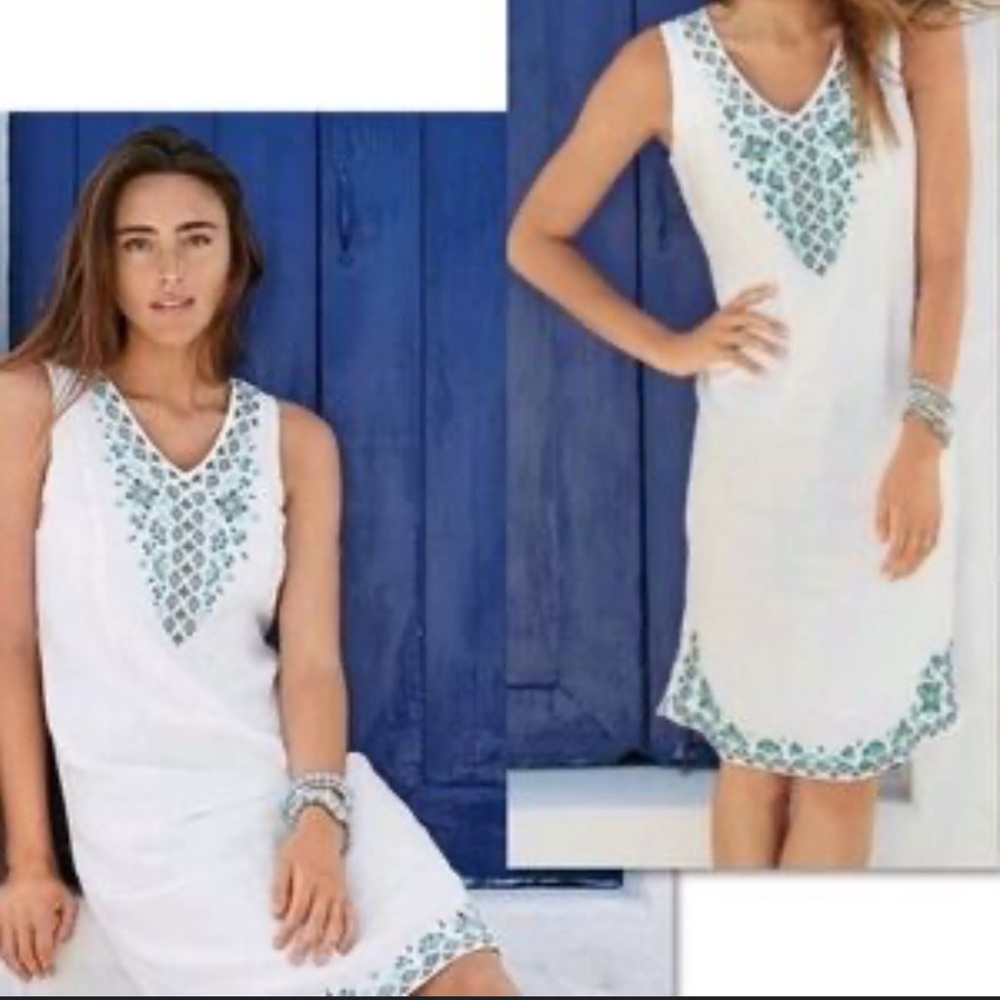 J. Jill White sleeveless dress with Blue & brown Embroidery - Picture 2 of 14